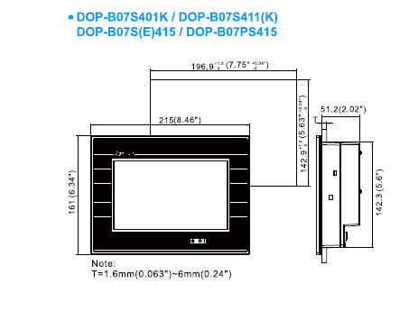 ابعاد HMI دلتا DOP-B07S411