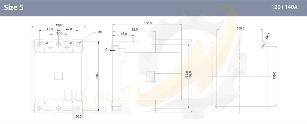 ابعاد کنتاکتور زیمنس 120 آمپر