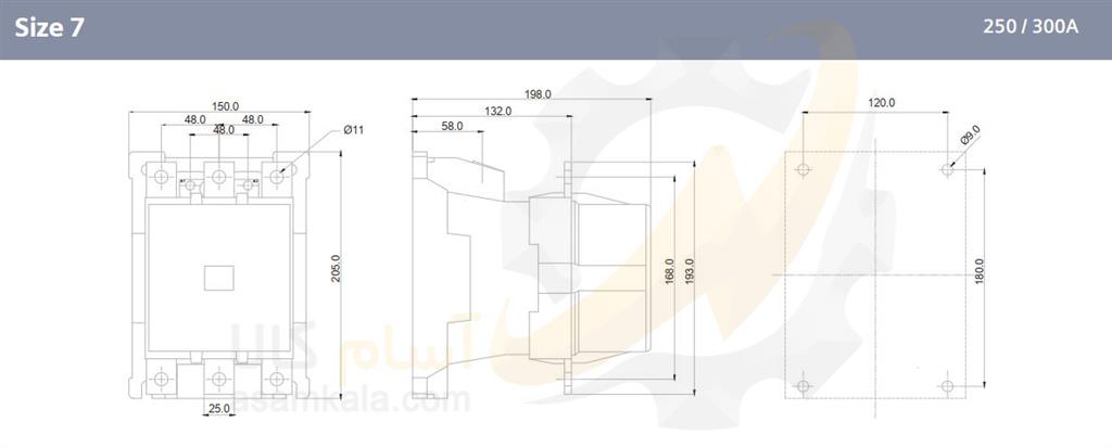 ابعاد کنتاکتور زیمنس 300 آمپر