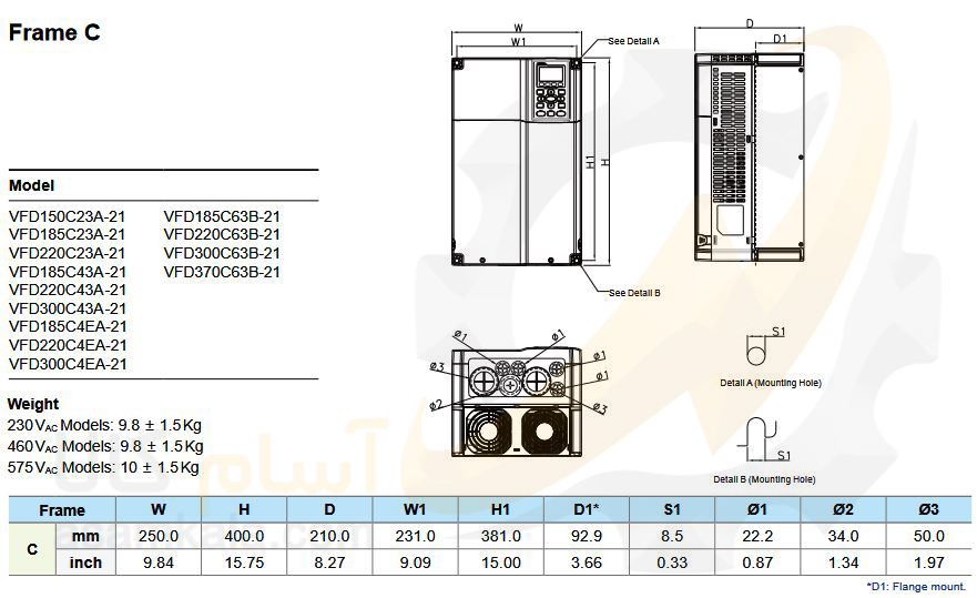 ابعاد VFD300C43A-21