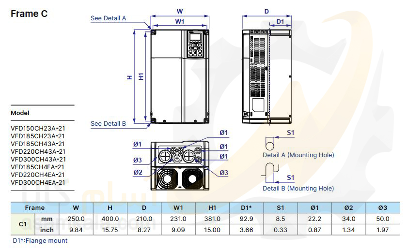 ابعاد VFD300CH43A-21