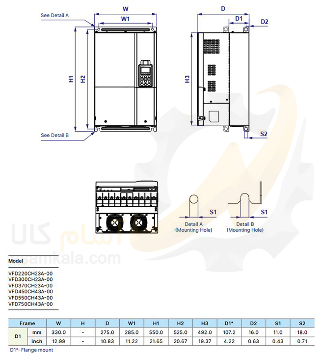 ابعاد VFD450CH43A-00