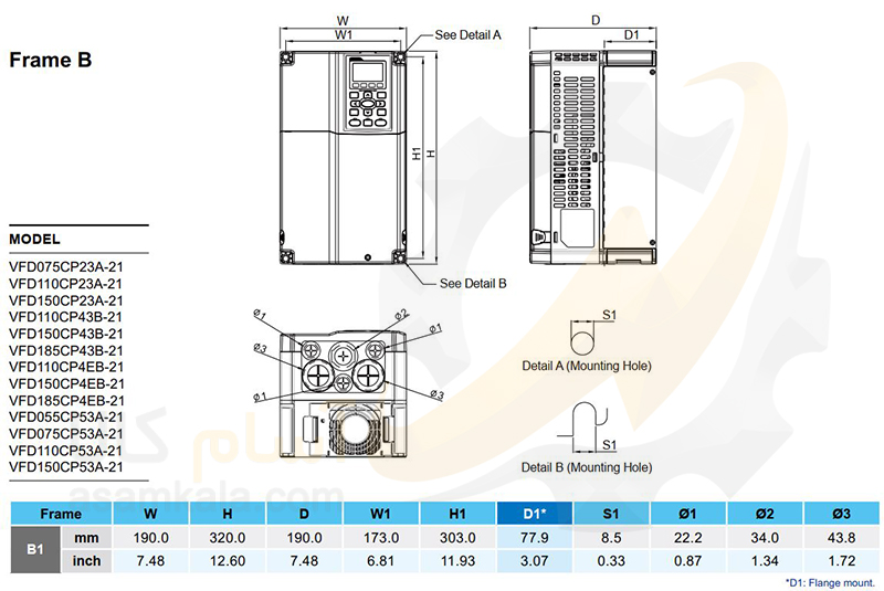 ابعاد VFD110CP43B-21