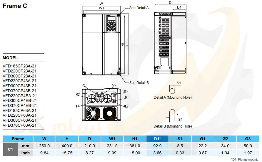 ابعاد VFD220CP43A-21