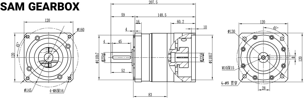 ابعاد گیربکس خورشیدی دنده صاف SAM مدل PLF120:3