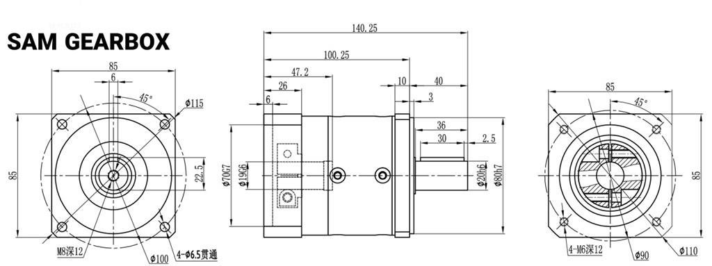 ابعاد گیربکس خورشیدی دنده صاف SAM مدل PLF80:3
