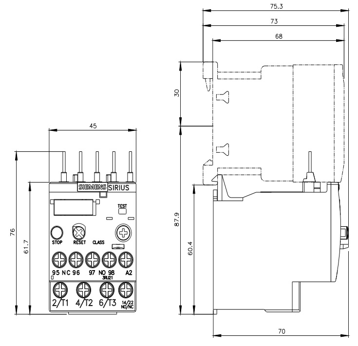 ابعاد رله حرارتی زیمنس 3RU2116-1DB0