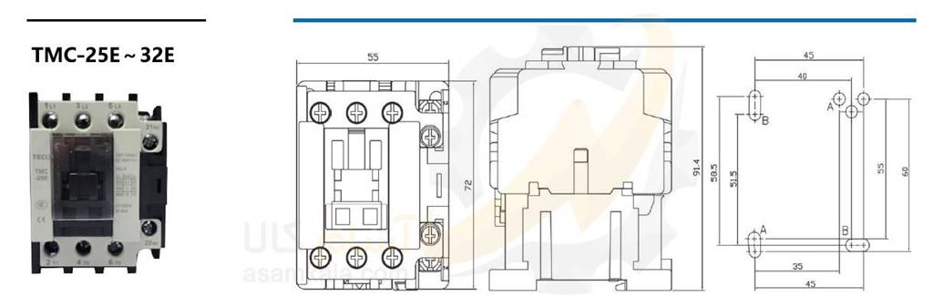ابعاد کنتاکتور تکو 25 تا 32 آمپر