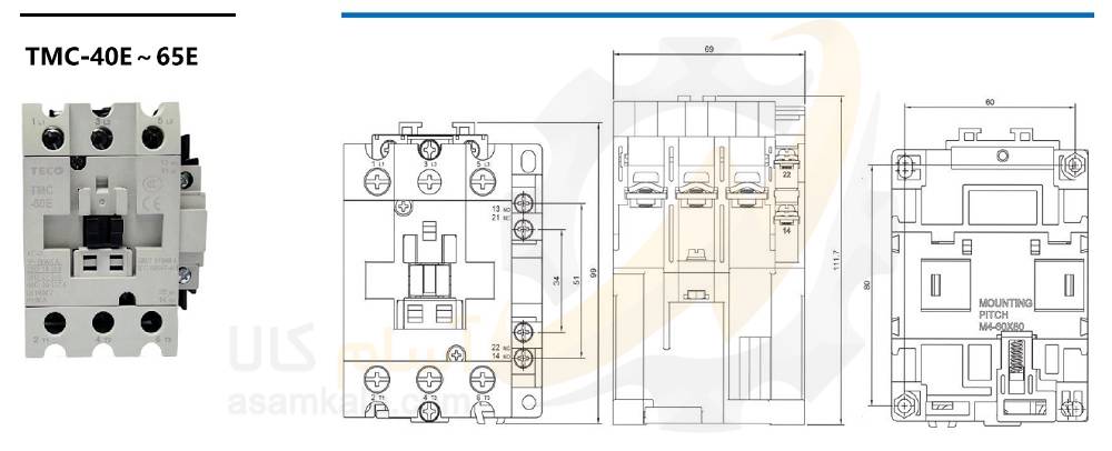 ابعاد کنتاکتور تکو 40 تا 65 آمپر