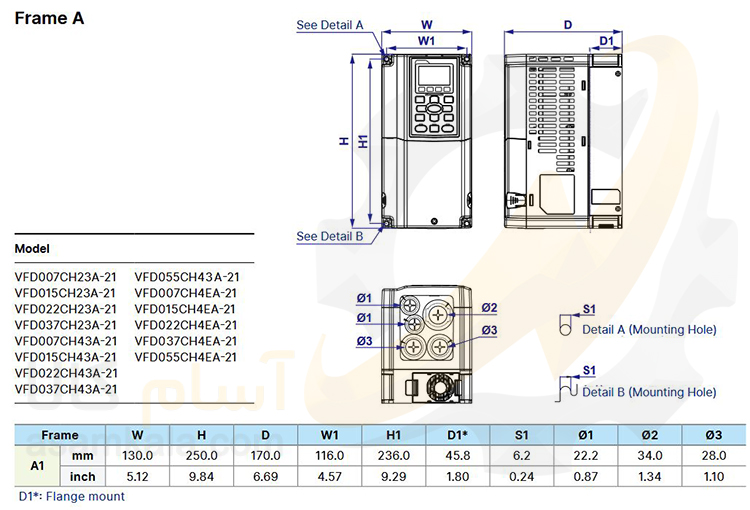 ابعاد VFD015CH43A-21